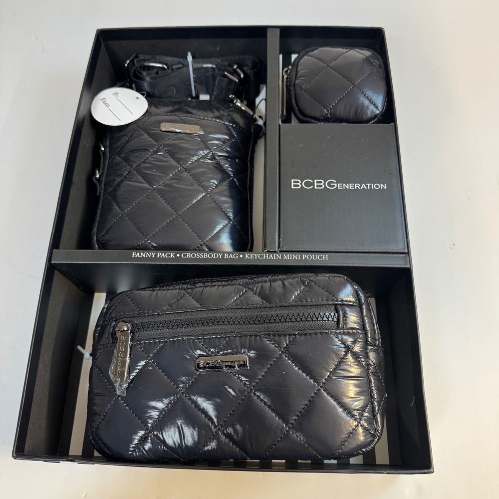 BCBGeneration Quilted Puffer 3 Piece Set Fanny Pack Crossbody Mini Pouch Black